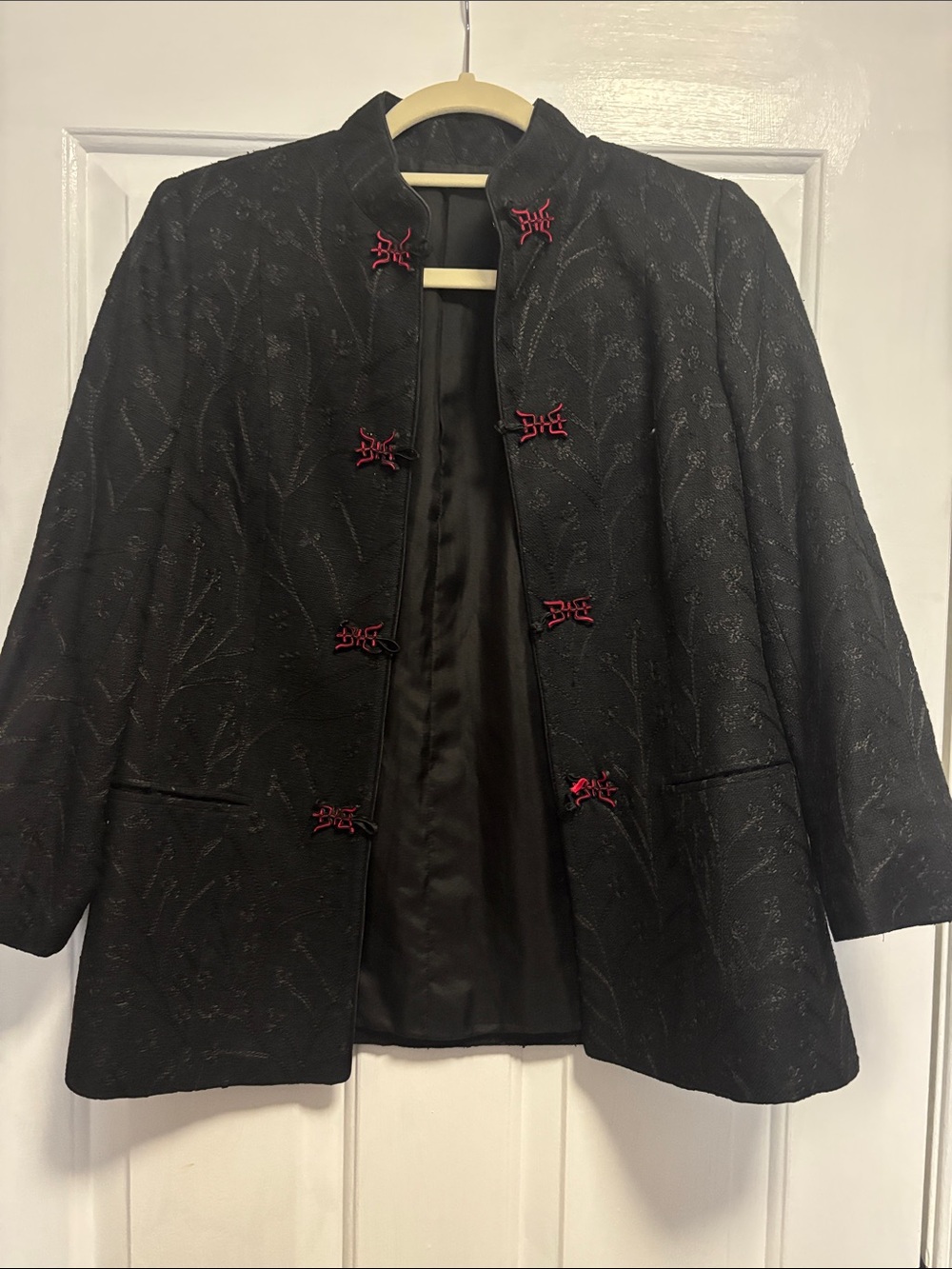 Black Embroidered Mandarin Collar Jacket with Red Frog Closures